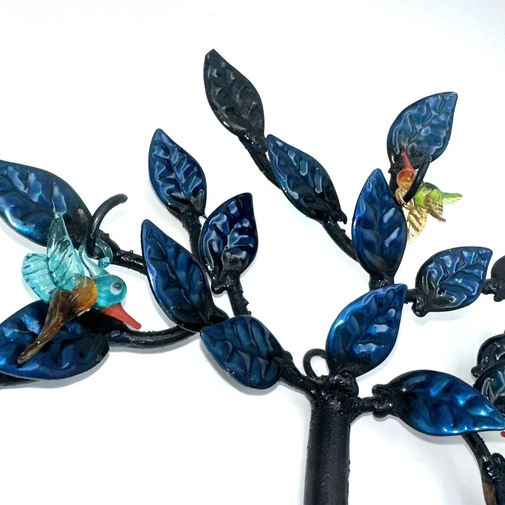Tree of Life Humming Bird Black Blue Metal Wall Mounted Key Holder with 5 Hooks